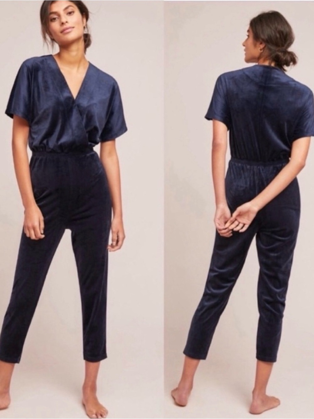 Anthropologie Saturday Sunday Velvet Jumpsuit Navy Wide Leg Romper Chic Size S - Picture 4 of 4